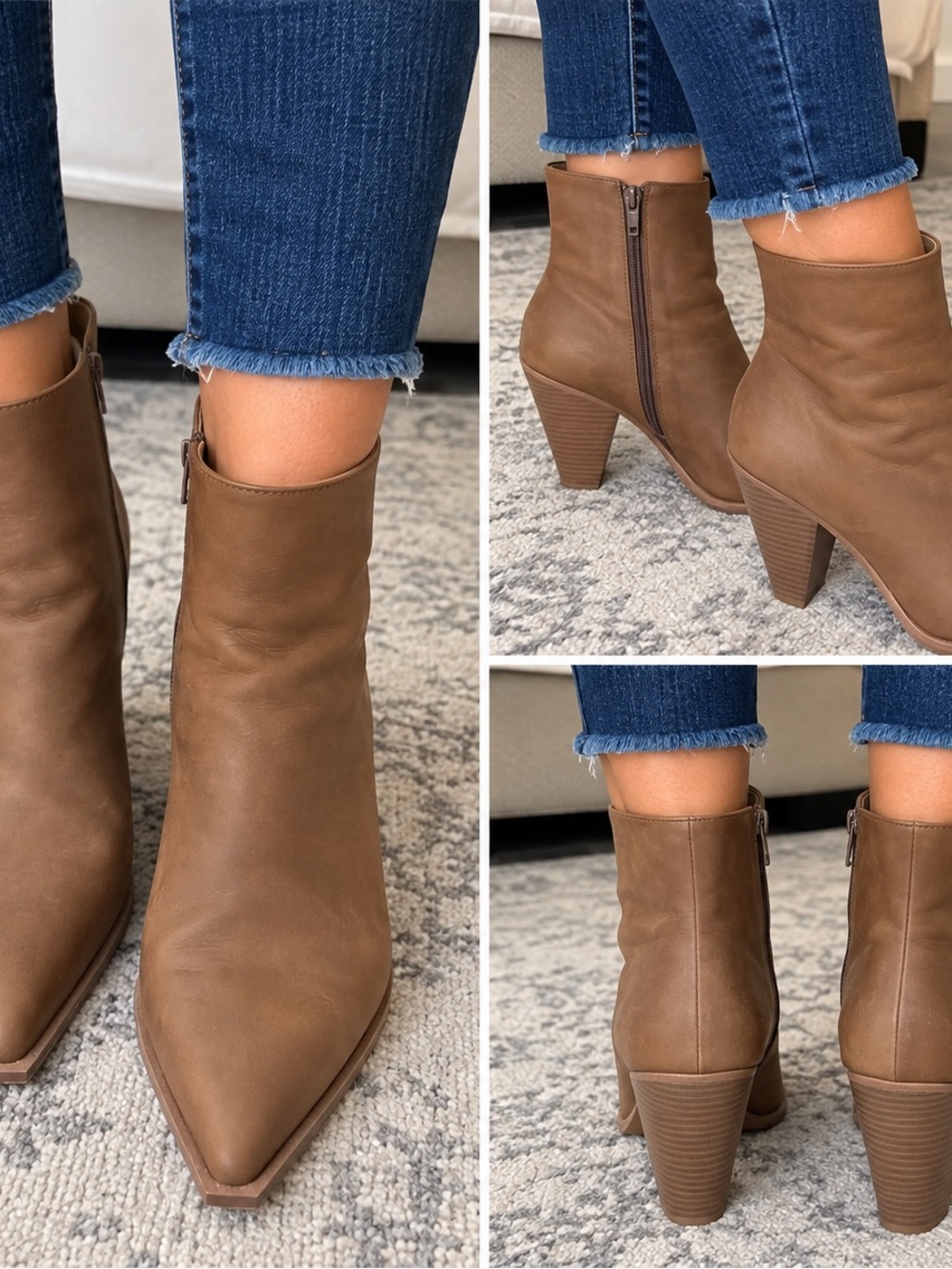 Women’s Tan Pointed-Toe Ankle Booties with Stacked Heel